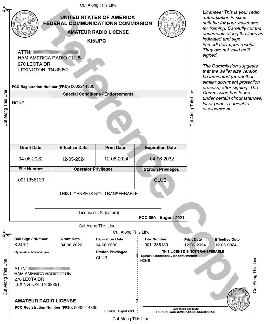 Ham America Radio Club FCC Licence reference copy